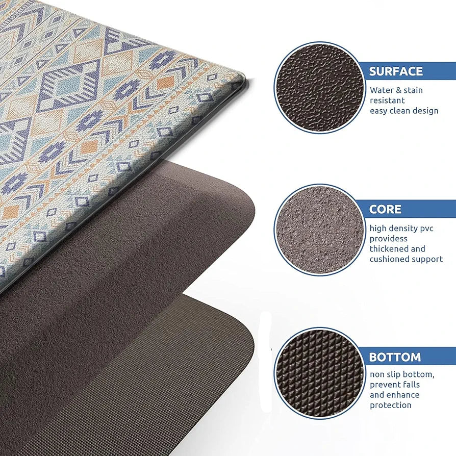 Luxe Home Columbo Anti-Fatigue Kitchen Mat - 45x75 cm Non-Slip Cushioned Comfort Mat - Southwestern Geometric Pattern Standing Desk Mat - Waterproof and Easy to Clean for Home and Office
